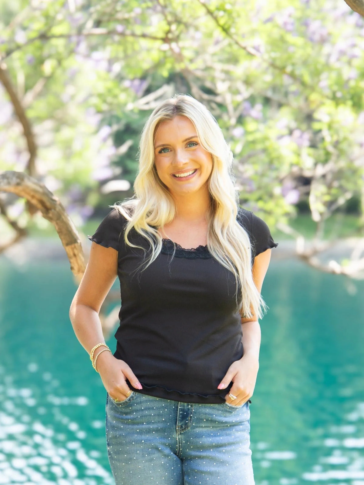 Lace to Love Square Neck Tee with Lace Trim, Black-Ladies Tops-Shop Z & Joxa