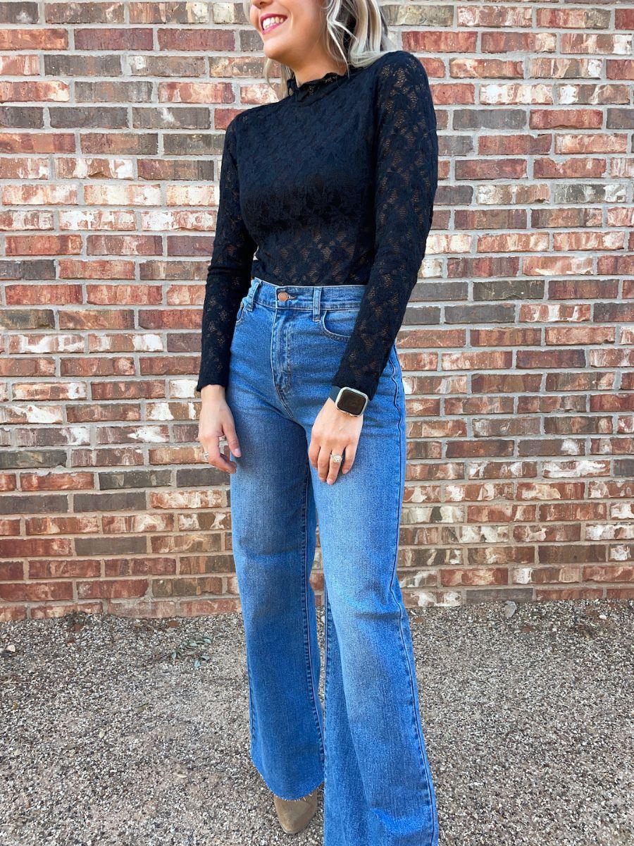 Lacy Leaf Textured Black Bodysuit-Women's Shirts & Tops-Shop Z & Joxa