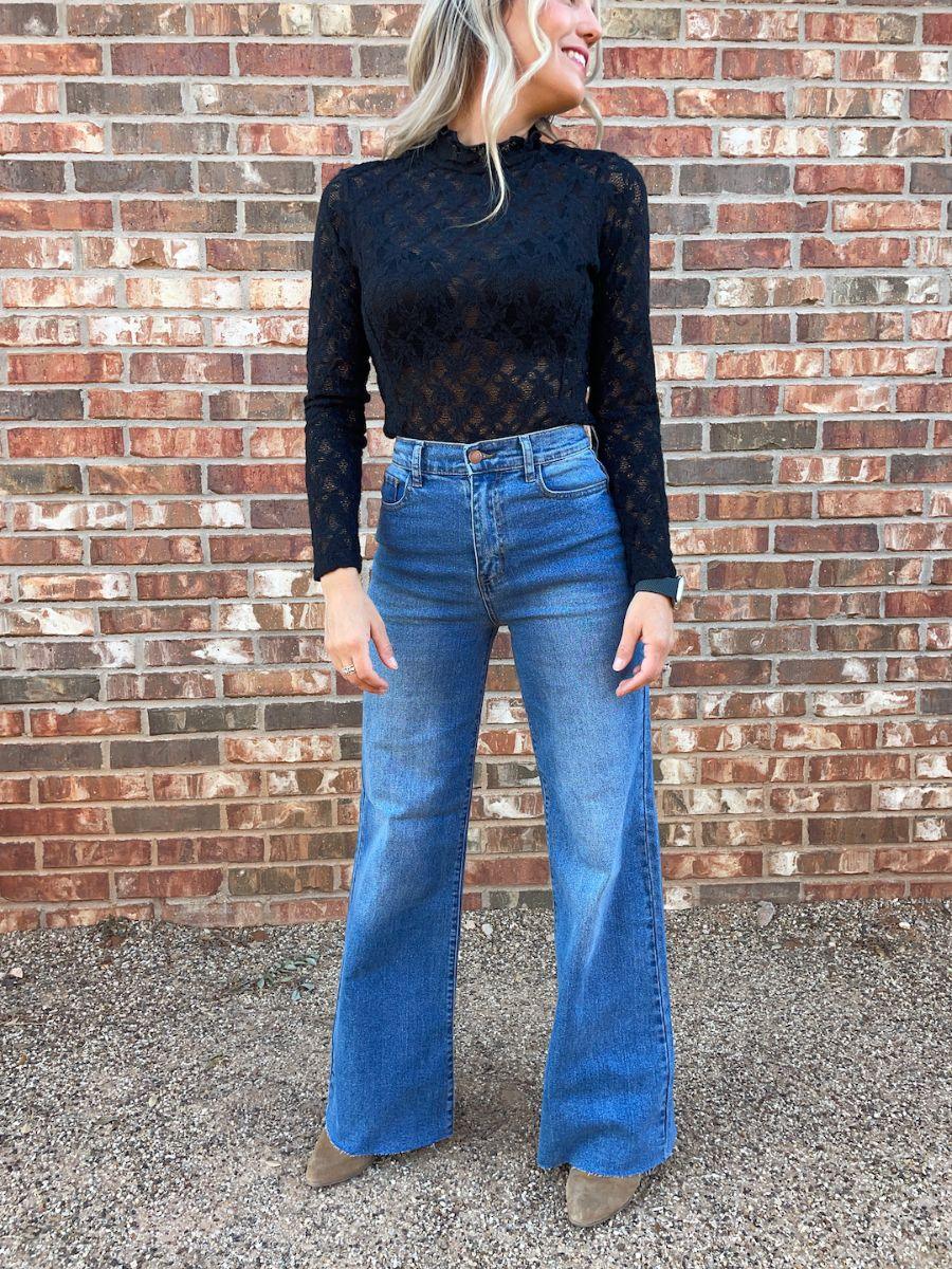 Lacy Leaf Textured Black Bodysuit-Women's Shirts & Tops-Shop Z & Joxa