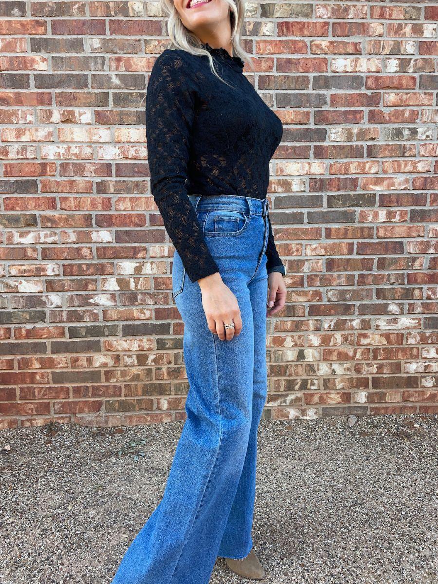 Lacy Leaf Textured Black Bodysuit-Women's Shirts & Tops-Shop Z & Joxa