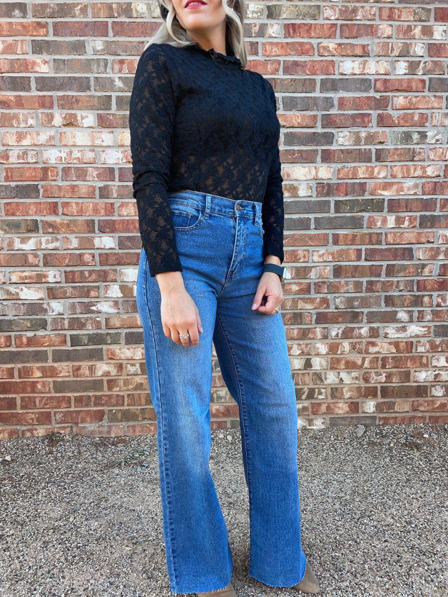 Lacy Leaf Textured Black Bodysuit-Women's Shirts & Tops-Shop Z & Joxa