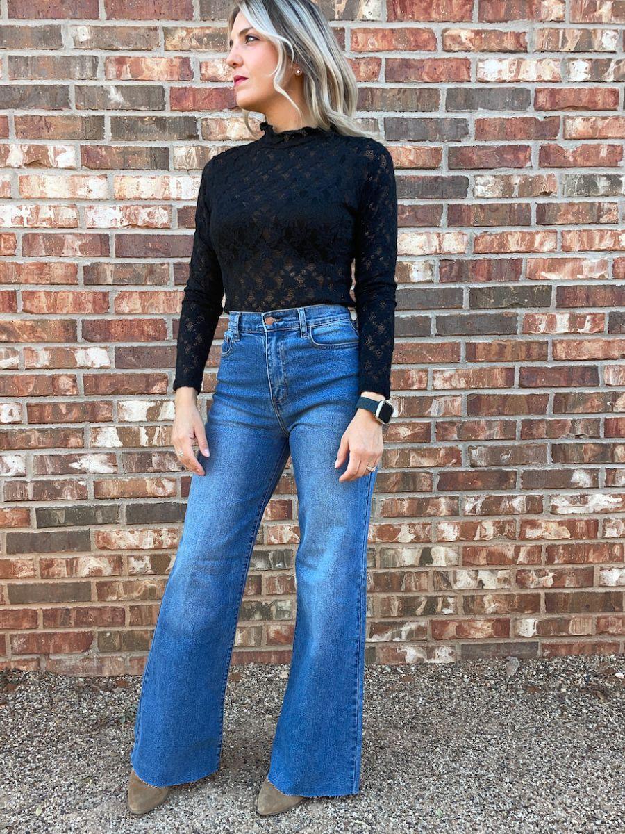 Lacy Leaf Textured Black Bodysuit-Women's Shirts & Tops-Shop Z & Joxa