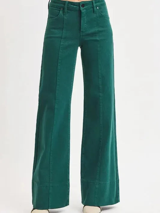 Leg Up: Risen Tummy Control Wide Leg Jeans in Rich Green-Women's Jeans-Shop Z & Joxa