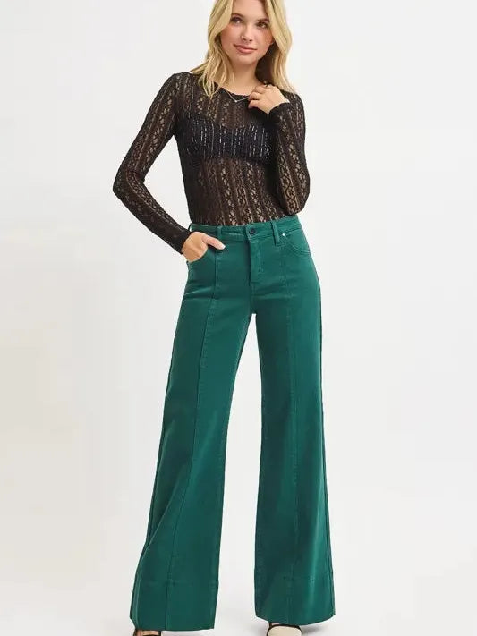 Leg Up: Risen Tummy Control Wide Leg Jeans in Rich Green-Women's Jeans-Shop Z & Joxa