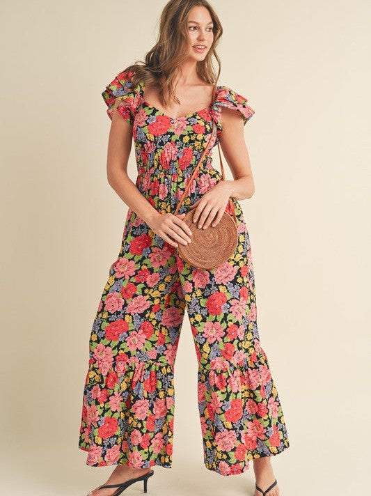 Let Your Confidence Shine Black Floral Flare Bottom Jumpsuit-Women's Jumpsuits-Shop Z & Joxa
