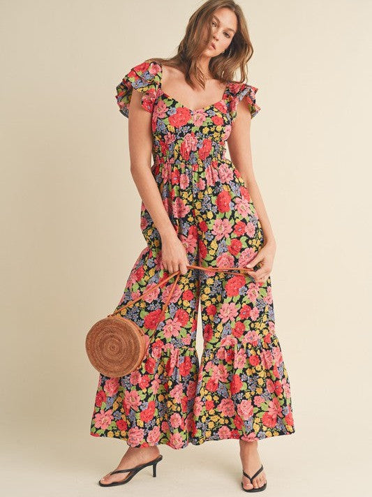 Let Your Confidence Shine Black Floral Flare Bottom Jumpsuit-Women's Jumpsuits-Shop Z & Joxa