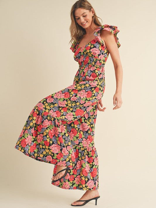 Let Your Confidence Shine Black Floral Flare Bottom Jumpsuit-Women's Jumpsuits-Shop Z & Joxa