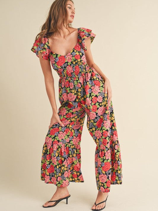 Let Your Confidence Shine Black Floral Flare Bottom Jumpsuit-Women's Jumpsuits-Shop Z & Joxa
