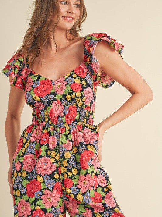 Let Your Confidence Shine Black Floral Flare Bottom Jumpsuit-Women's Jumpsuits-Shop Z & Joxa