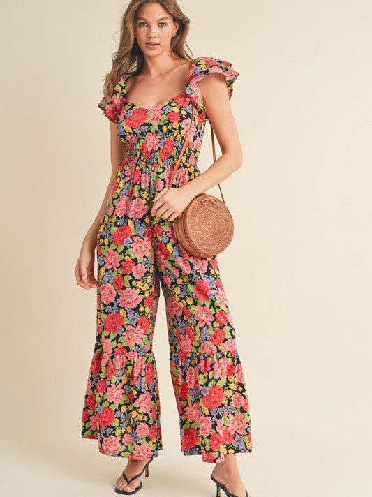 Let Your Confidence Shine Black Floral Flare Bottom Jumpsuit-Women's Jumpsuits-Shop Z & Joxa