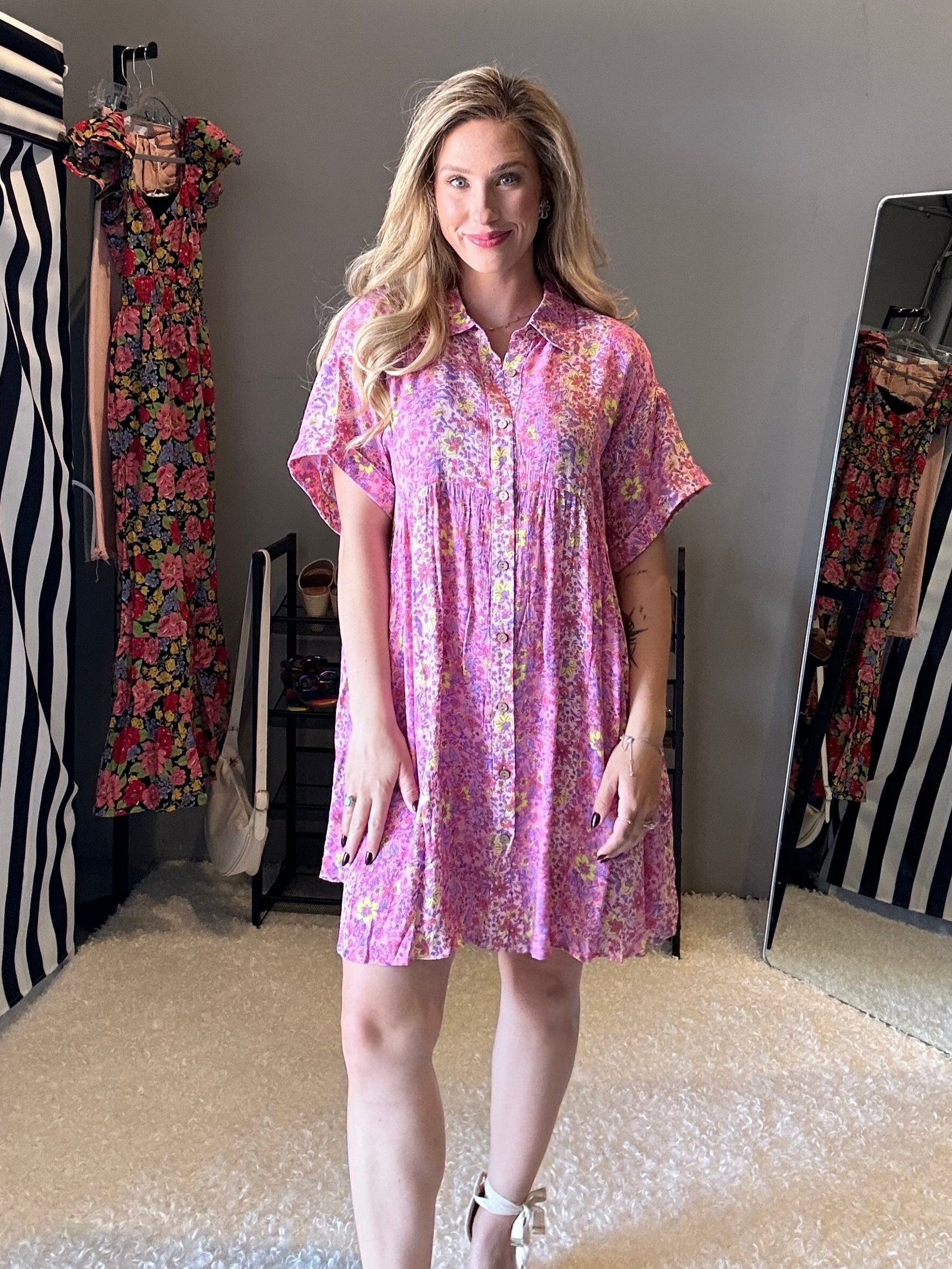 Let Your Dreams Blossom Floral Print Wood Button Shirt Dress-Women's Dresses-Shop Z & Joxa