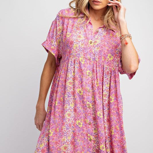 Let Your Dreams Blossom Floral Print Wood Button Shirt Dress-Women's Dresses-Shop Z & Joxa