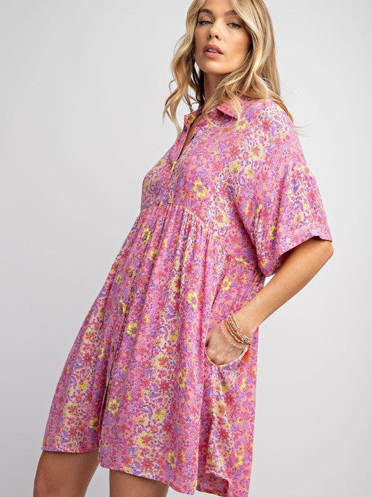 Let Your Dreams Blossom Floral Print Wood Button Shirt Dress-Women's Dresses-Shop Z & Joxa