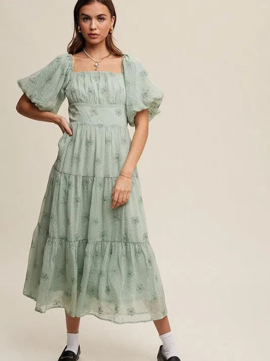 Listen to your Heart Flower Embroidered Puff Sleeve Tiered Maxi Dress-Women's Dresses-Shop Z & Joxa