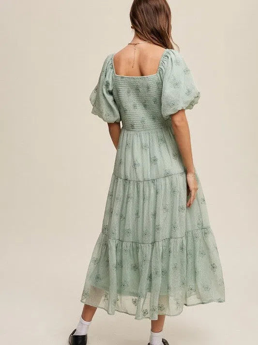 Listen to your Heart Flower Embroidered Puff Sleeve Tiered Maxi Dress-Women's Dresses-Shop Z & Joxa