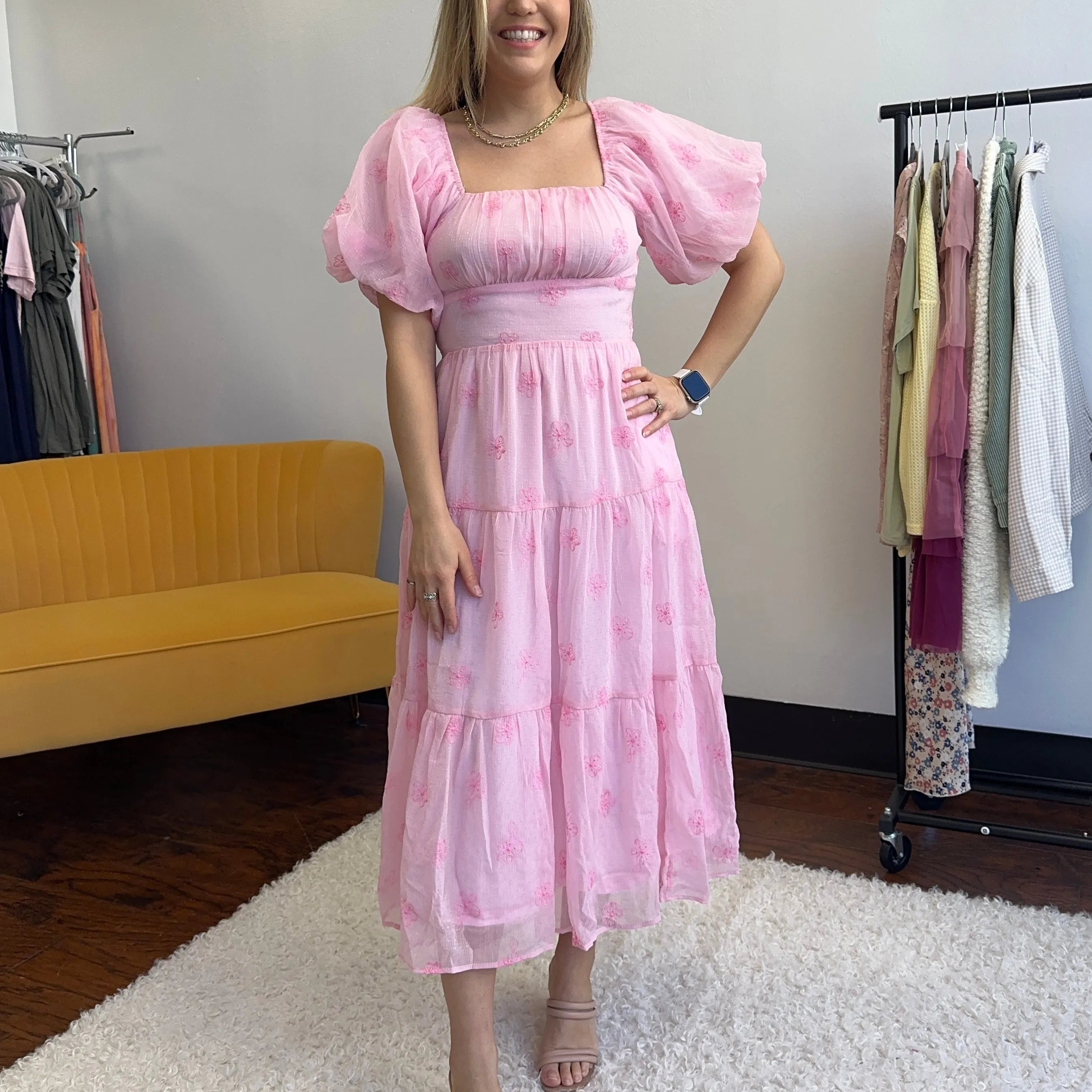 Listen to your Heart Flower Embroidered Puff Sleeve Tiered Maxi Dress-Women's Dresses-Shop Z & Joxa