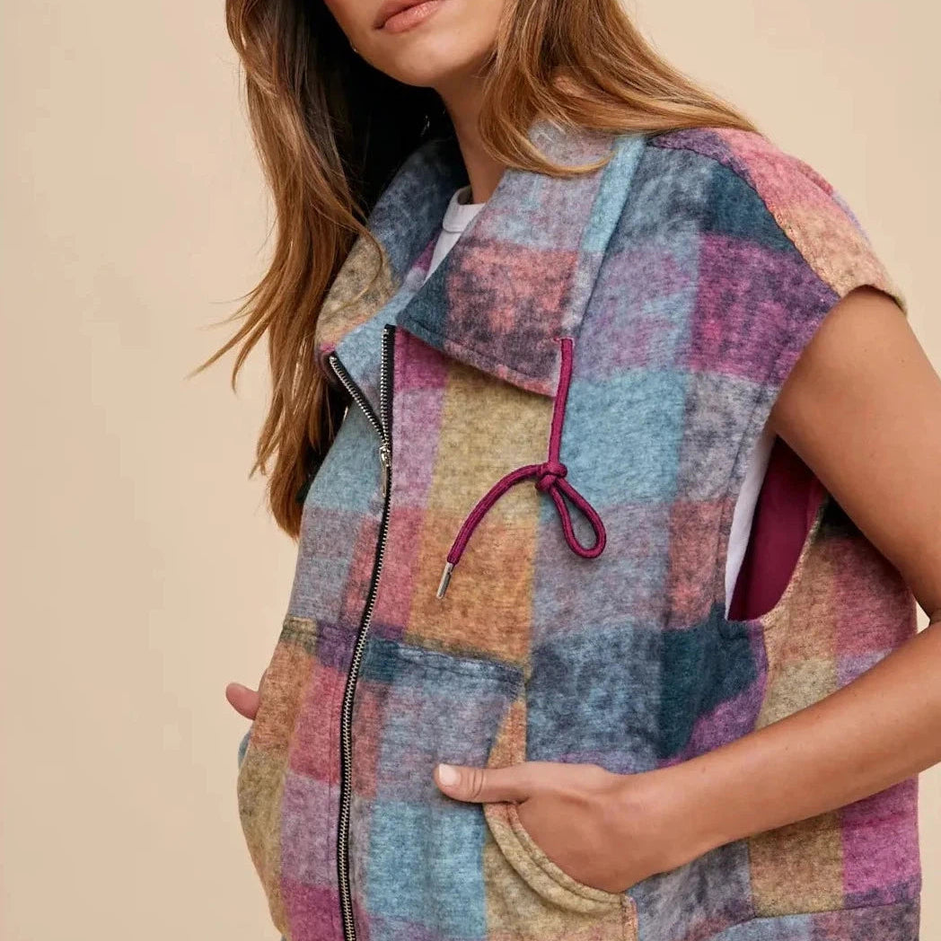 Live Life in Color Multicolor Brushed Plaid Vest-Women's Clothing-Shop Z & Joxa