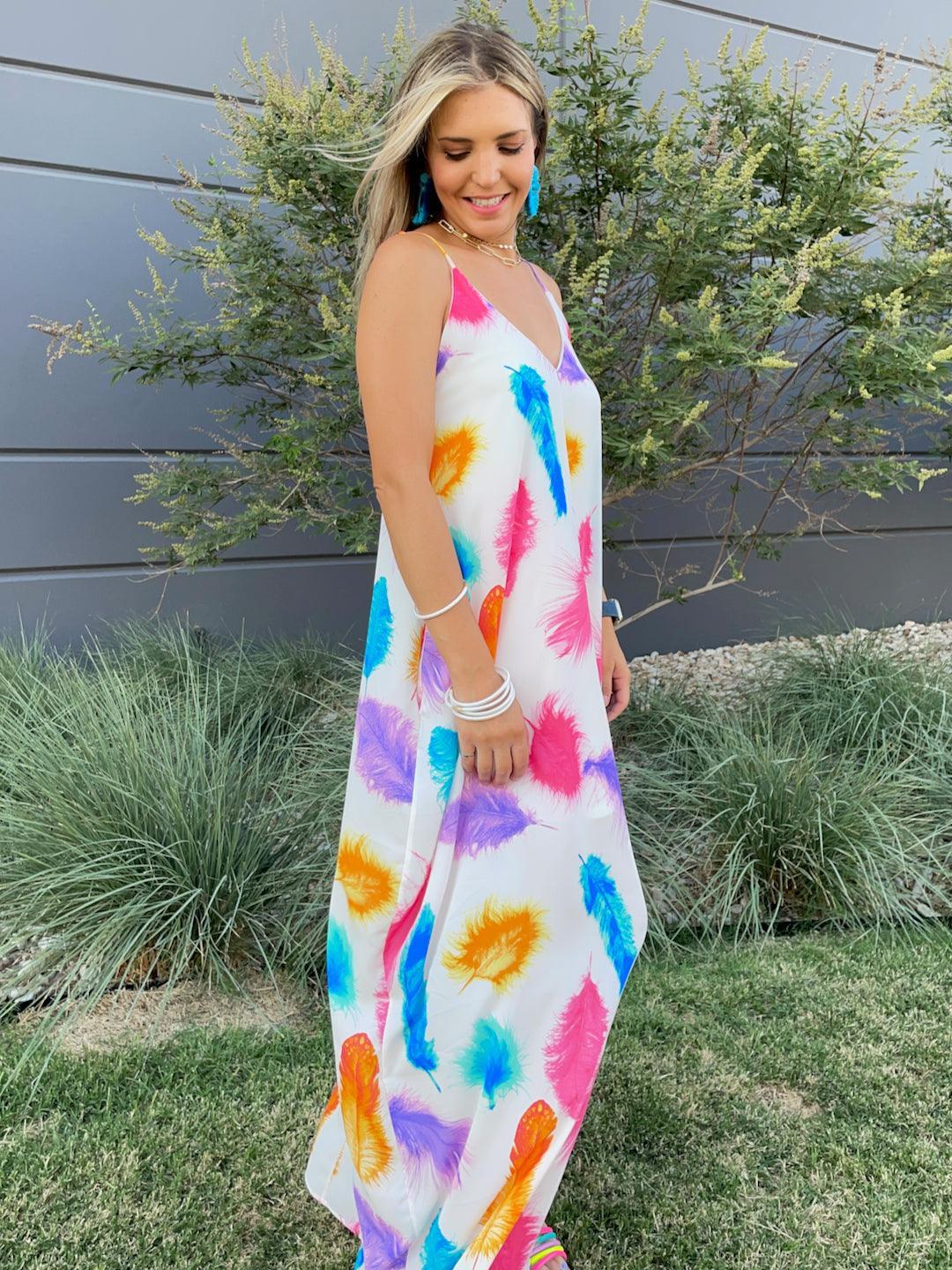 Live in Color Feather Print Maxi Dress with Pockets-Women's Dresses-Shop Z & Joxa