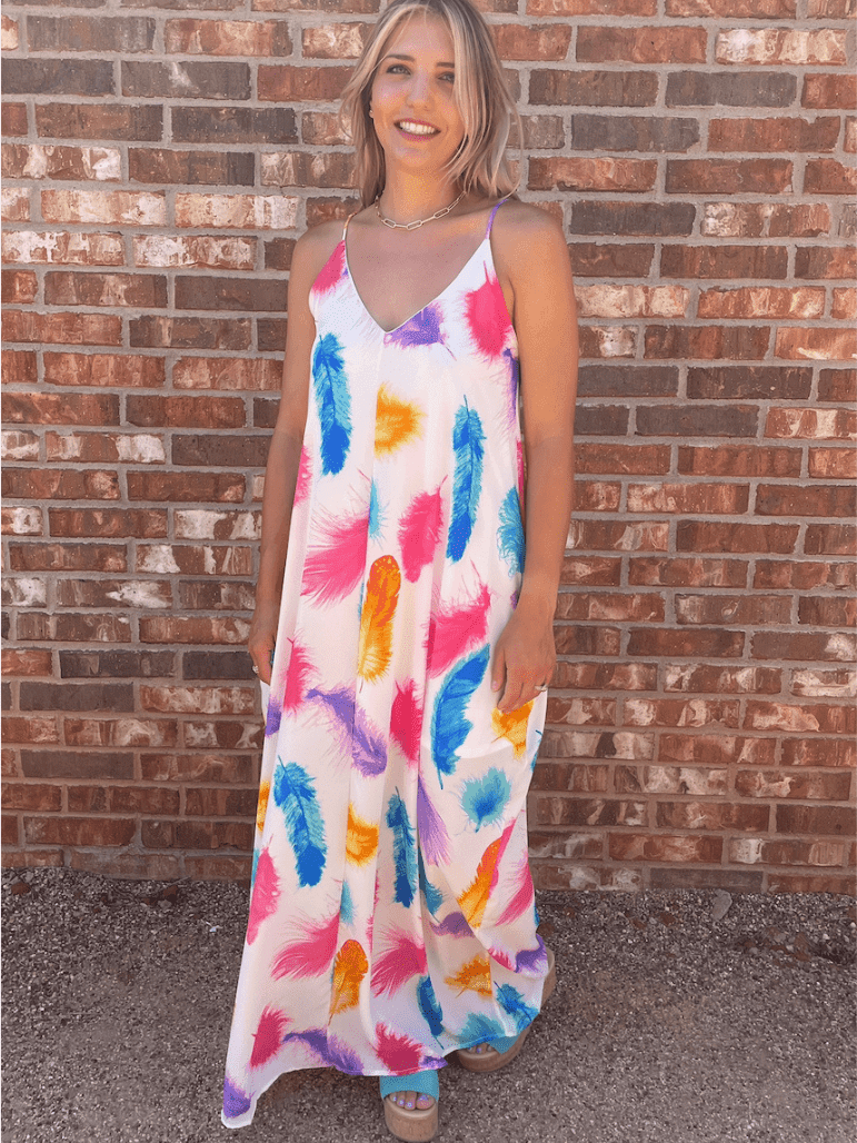 Live in Color Feather Print Maxi Dress with Pockets-Women's Dresses-Shop Z & Joxa