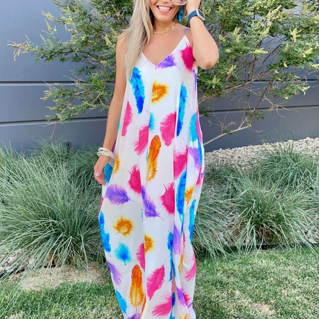 Live in Color Feather Print Maxi Dress with Pockets-Women's Dresses-Shop Z & Joxa