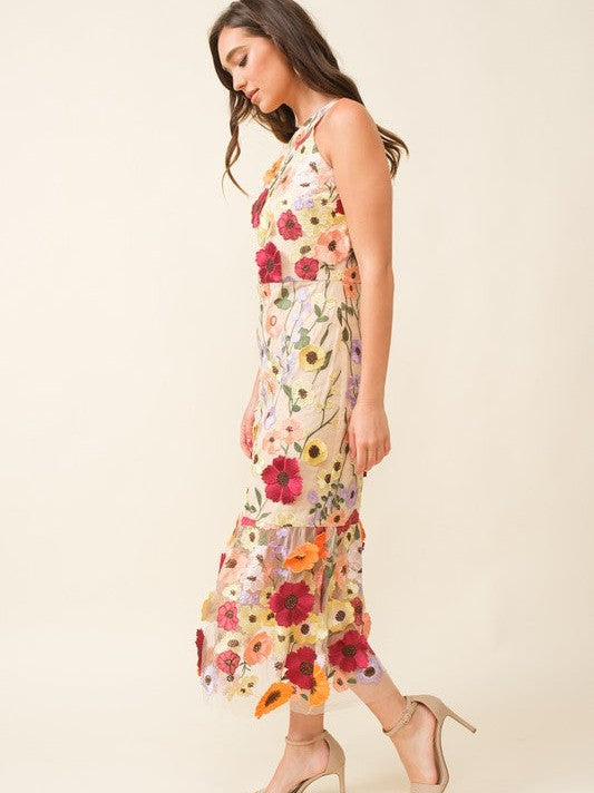 Love is Like Wildflowers 3D Floral High-Neck Midi Dress-Women's Dresses-Shop Z & Joxa
