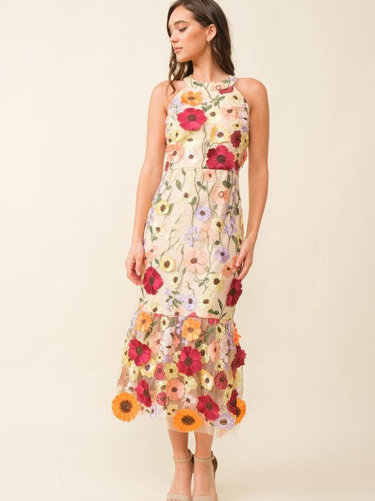 Love is Like Wildflowers 3D Floral High-Neck Midi Dress-Women's Dresses-Shop Z & Joxa