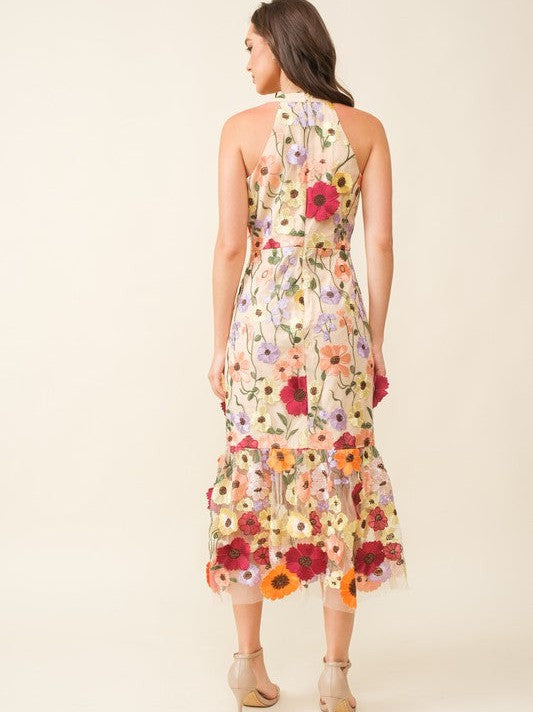 Love is Like Wildflowers 3D Floral High-Neck Midi Dress-Women's Dresses-Shop Z & Joxa