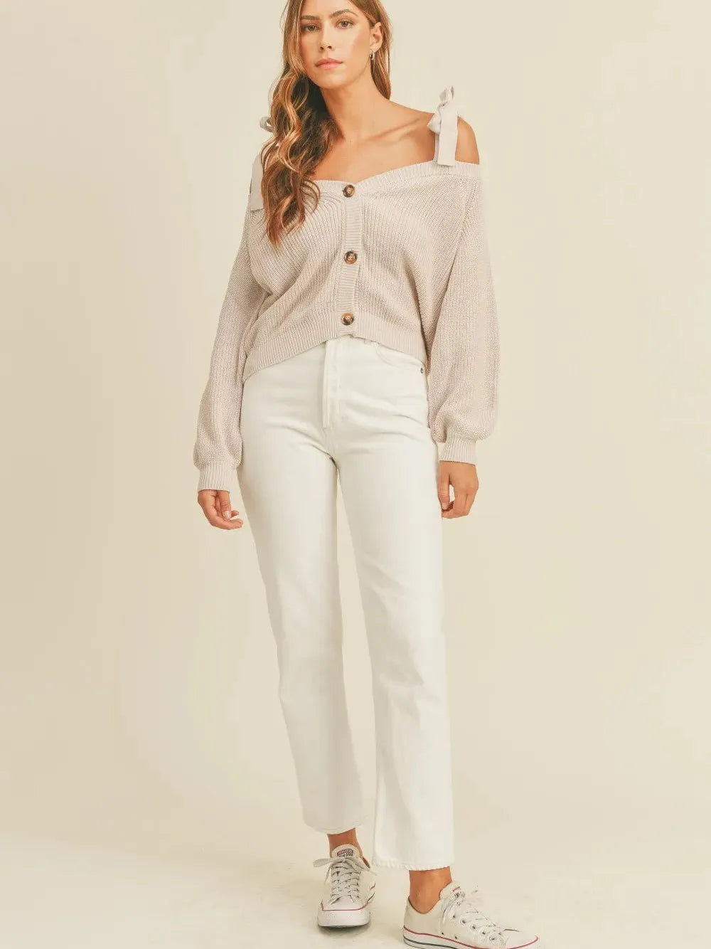 Mable Dusty Beige Off Shoulder Tie Strap Button Up Sweater-Women's Shirts & Tops-Shop Z & Joxa