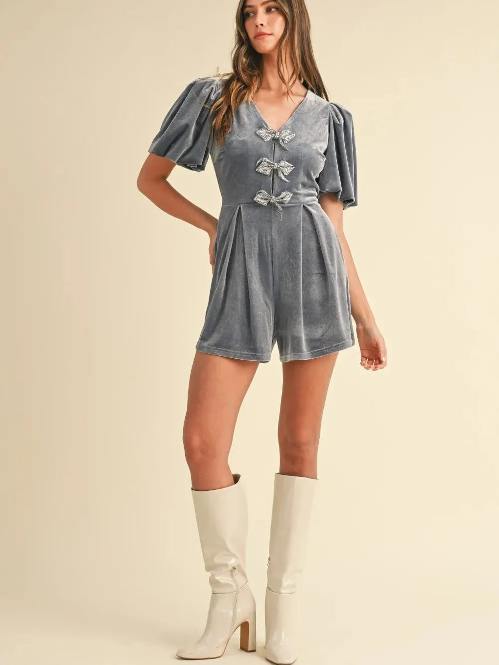 Mable Velvet Lux Puff Sleeve Romper with Jewel Bowes-Women's Dresses-Shop Z & Joxa