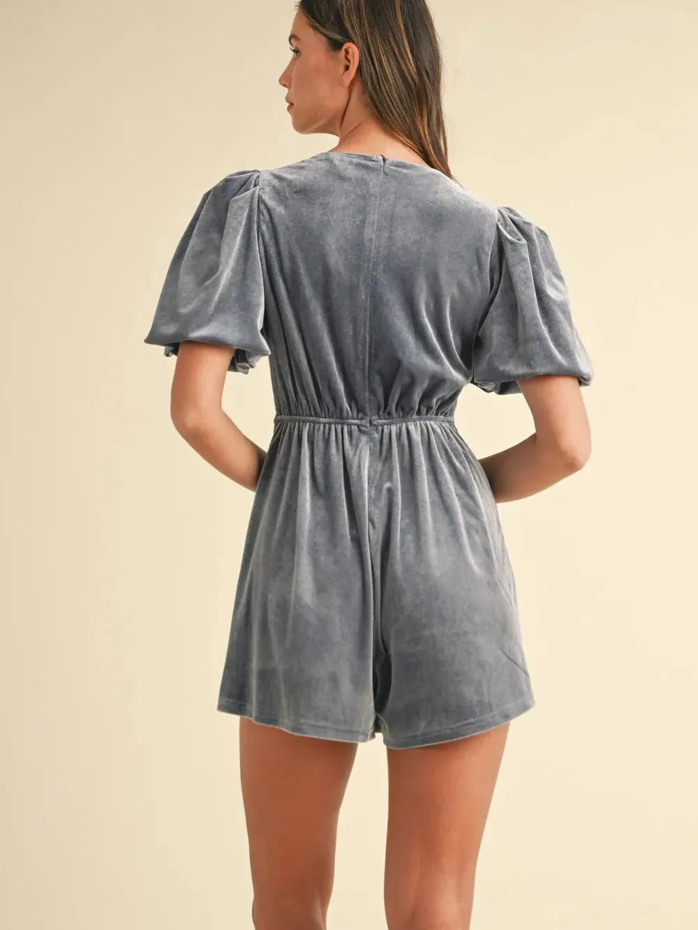 Mable Velvet Lux Puff Sleeve Romper with Jewel Bowes-Women's Dresses-Shop Z & Joxa