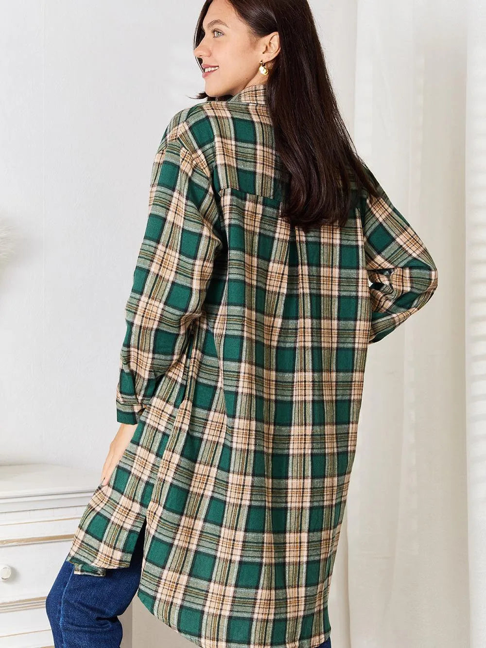 Mandy Forest Plaid Collared Neck Long Sleeve Long Shirt-Women's Shirts & Tops-Shop Z & Joxa