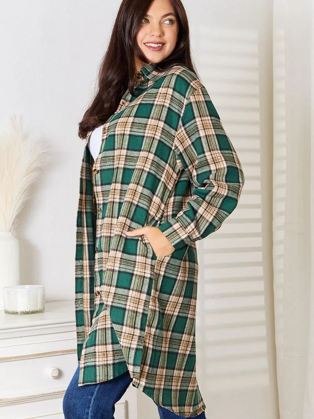 Mandy Forest Plaid Collared Neck Long Sleeve Long Shirt-Women's Shirts & Tops-Shop Z & Joxa