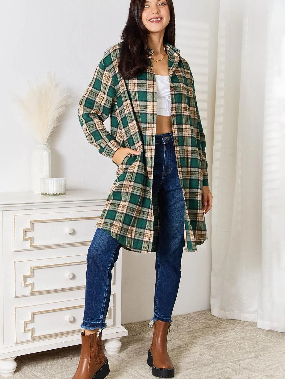 Mandy Forest Plaid Collared Neck Long Sleeve Long Shirt-Women's Shirts & Tops-Shop Z & Joxa