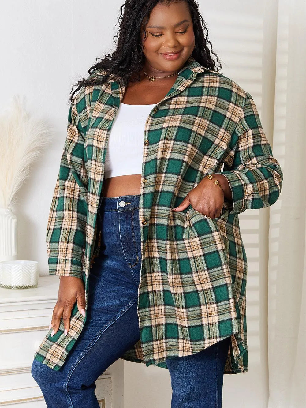 Mandy Forest Plaid Collared Neck Long Sleeve Long Shirt-Women's Shirts & Tops-Shop Z & Joxa
