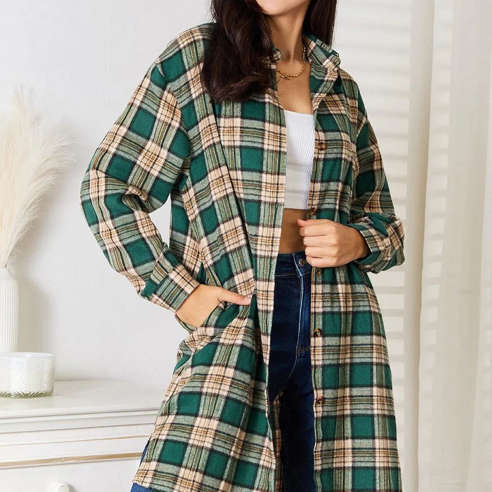 Mandy Forest Plaid Collared Neck Long Sleeve Long Shirt-Women's Shirts & Tops-Shop Z & Joxa