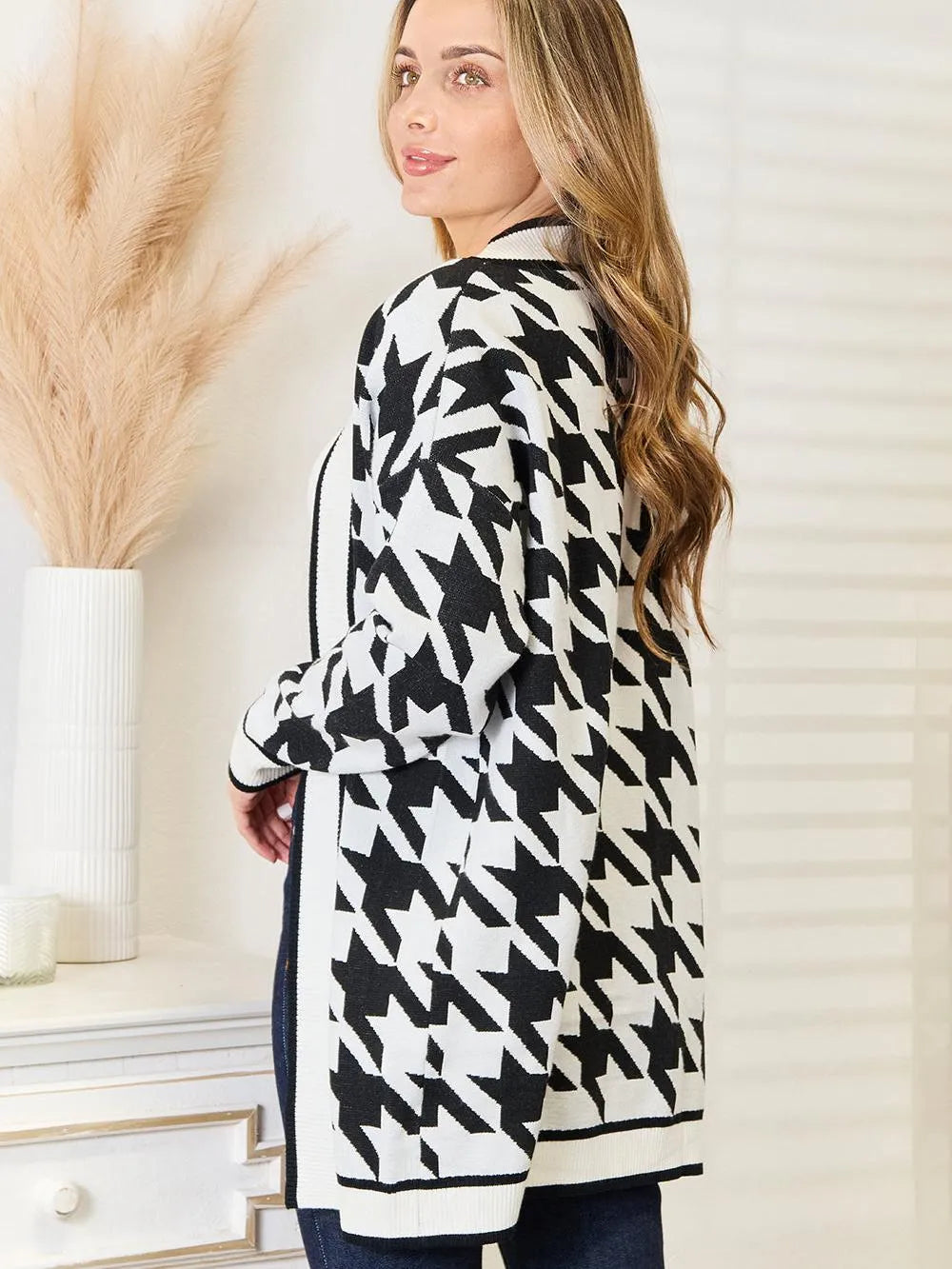 Mandy Timeless Charm Houndstooth Open Front Longline Cardigan-Women's Shirts & Tops-Shop Z & Joxa