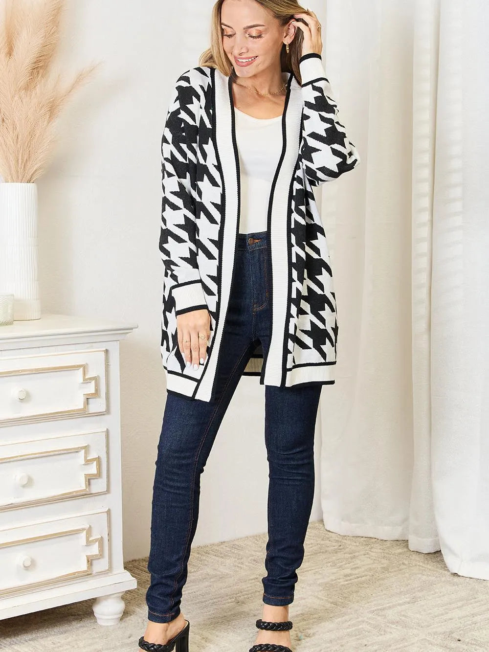 Mandy Timeless Charm Houndstooth Open Front Longline Cardigan-Women's Shirts & Tops-Shop Z & Joxa