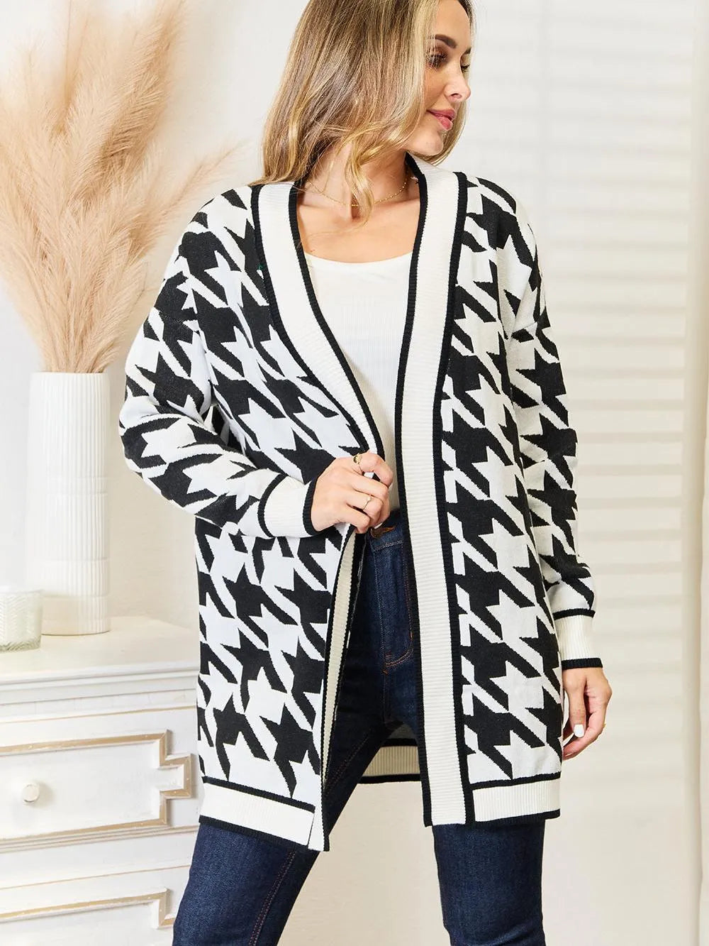 Mandy Timeless Charm Houndstooth Open Front Longline Cardigan-Women's Shirts & Tops-Shop Z & Joxa