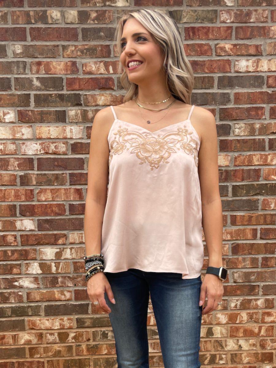 Mauve Satin Cami with Floral Embroidery-Women's Shirts & Tops-Shop Z & Joxa