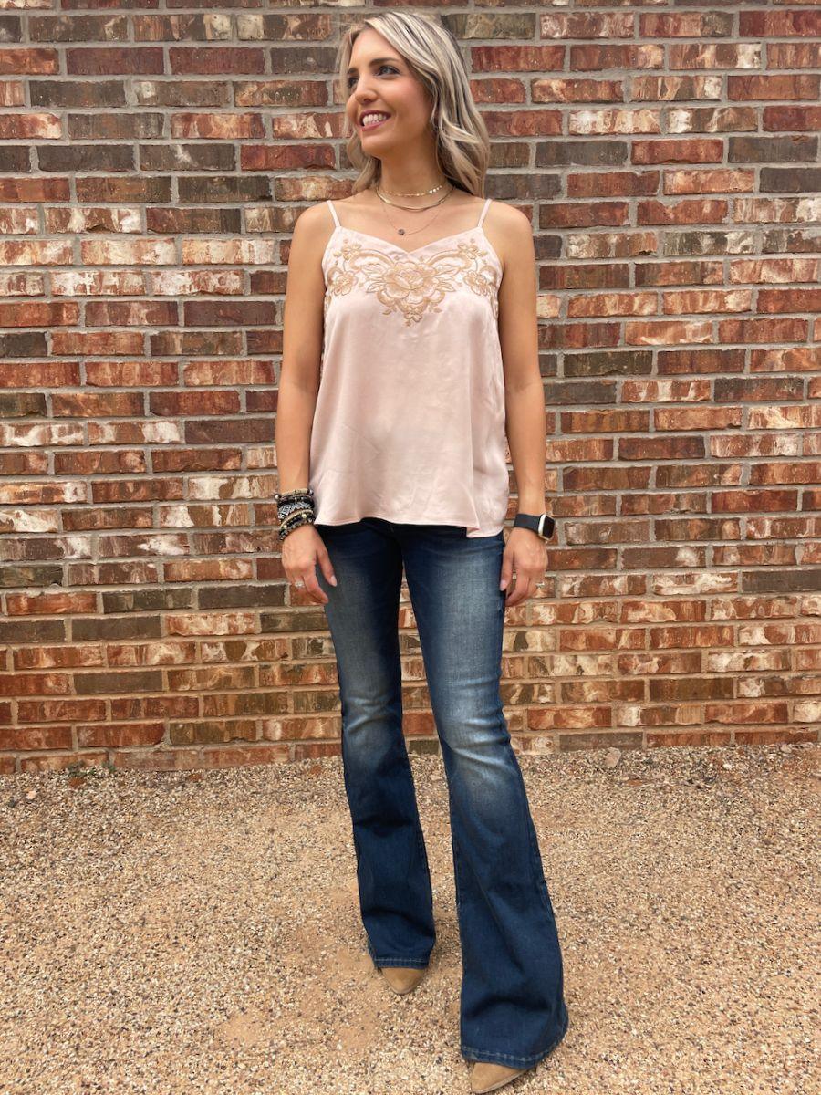 Mauve Satin Cami with Floral Embroidery-Women's Shirts & Tops-Shop Z & Joxa