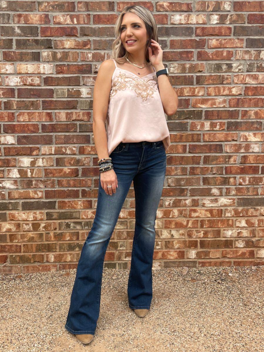 Mauve Satin Cami with Floral Embroidery-Women's Shirts & Tops-Shop Z & Joxa