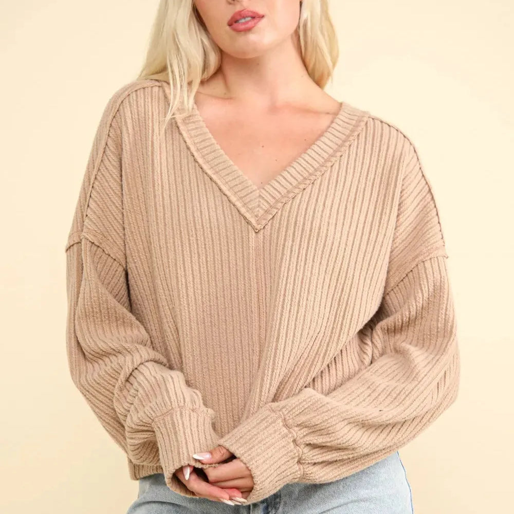 Mocha Moments V-Neck Ribbed Knit Top by Very J-Women's Shirts & Tops-Shop Z & Joxa