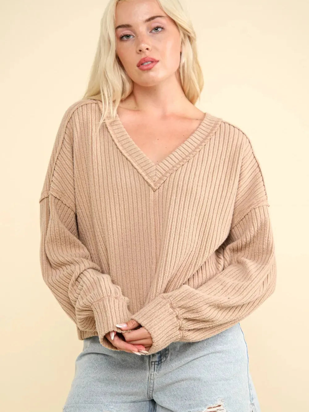 Mocha Moments V-Neck Ribbed Knit Top by Very J-Women's Shirts & Tops-Shop Z & Joxa