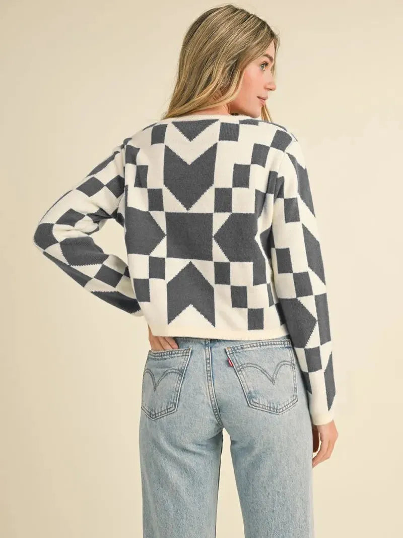 Modern Romance Charcoal Geometric Bow Front Sweater Cardigan-Women's Shirts & Tops-Shop Z & Joxa