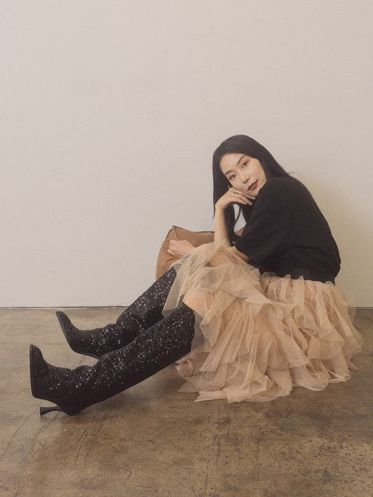 Oasis Society Don't be Afraid to Sparkle - Knee High Sequin Black Boots-Women's Shoes-Shop Z & Joxa