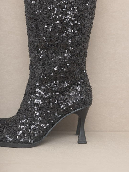Oasis Society Don't be Afraid to Sparkle - Knee High Sequin Black Boots-Women's Shoes-Shop Z & Joxa