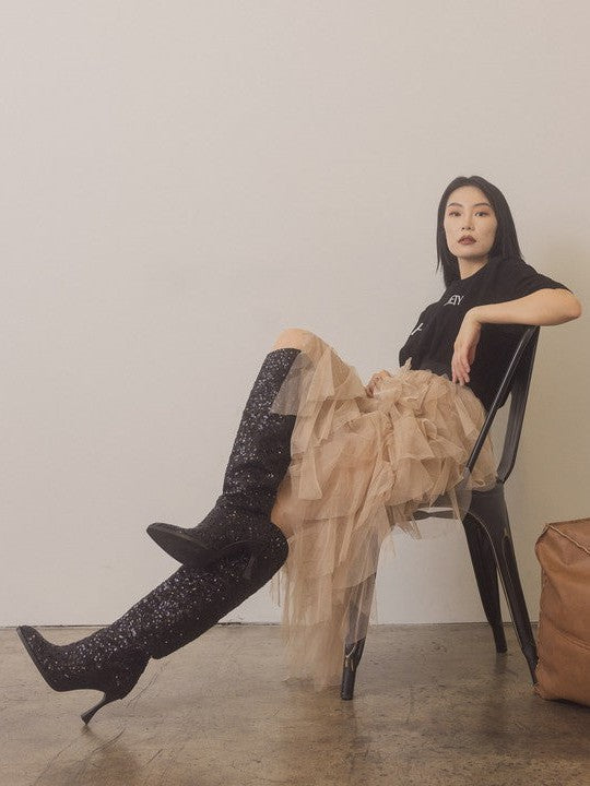 Oasis Society Don't be Afraid to Sparkle - Knee High Sequin Black Boots-Women's Shoes-Shop Z & Joxa