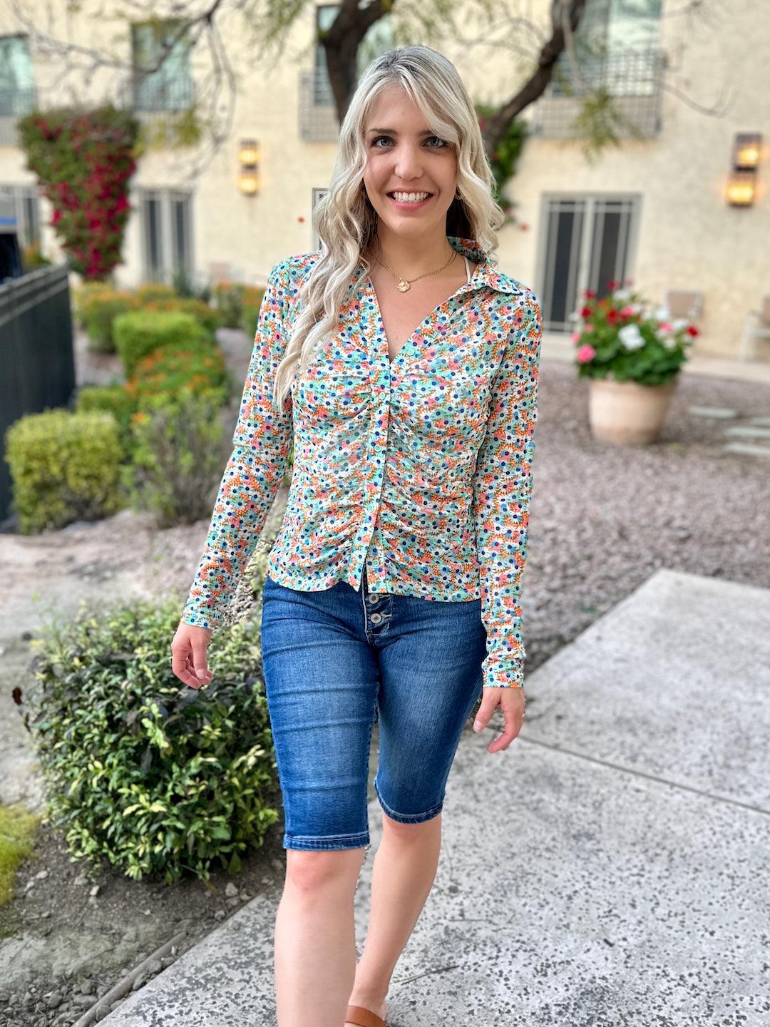 Oopsy Daisy Colorful Mesh Button Top-Women's Shirts & Tops-Shop Z & Joxa