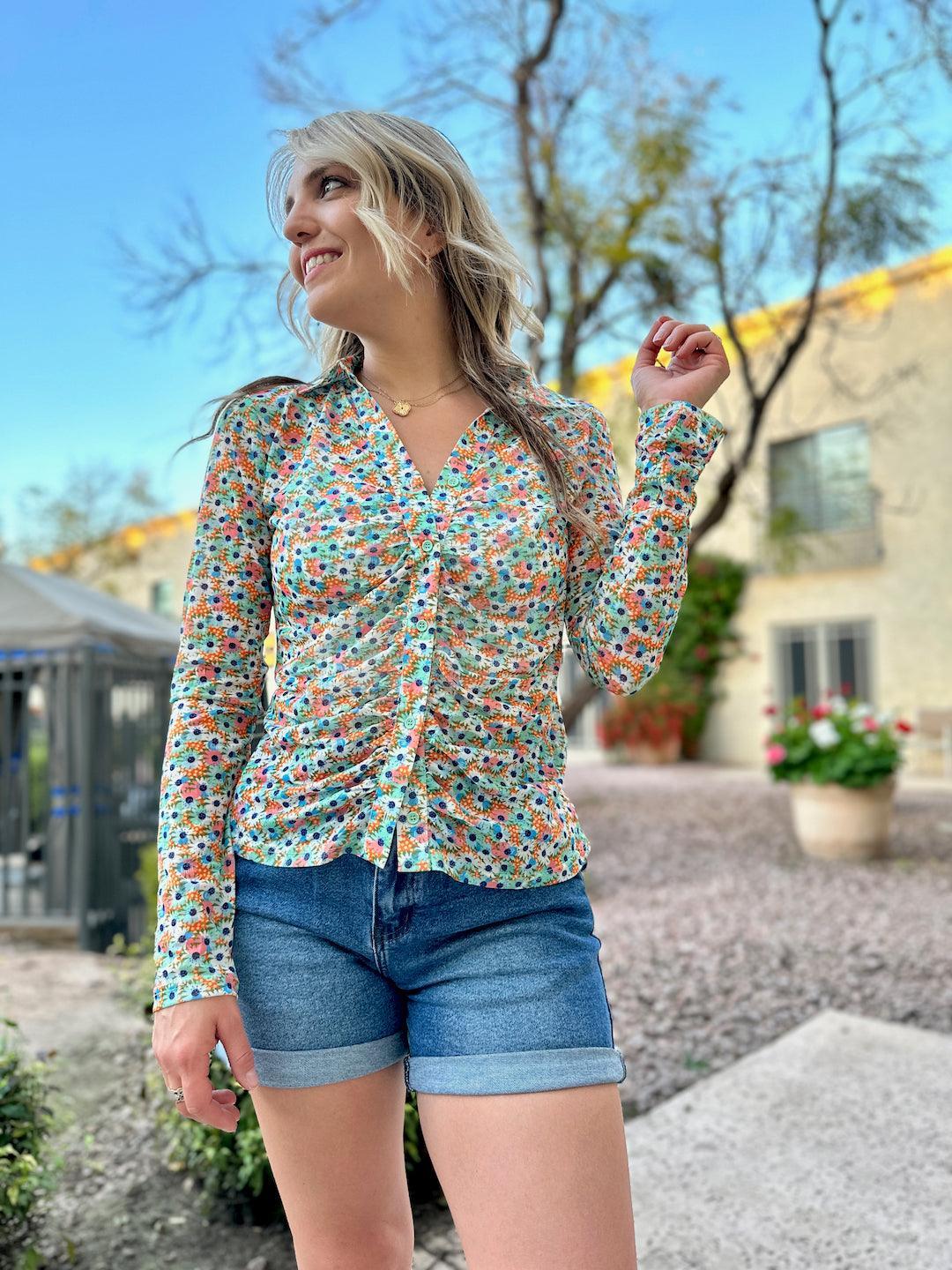 Oopsy Daisy Colorful Mesh Button Top-Women's Shirts & Tops-Shop Z & Joxa