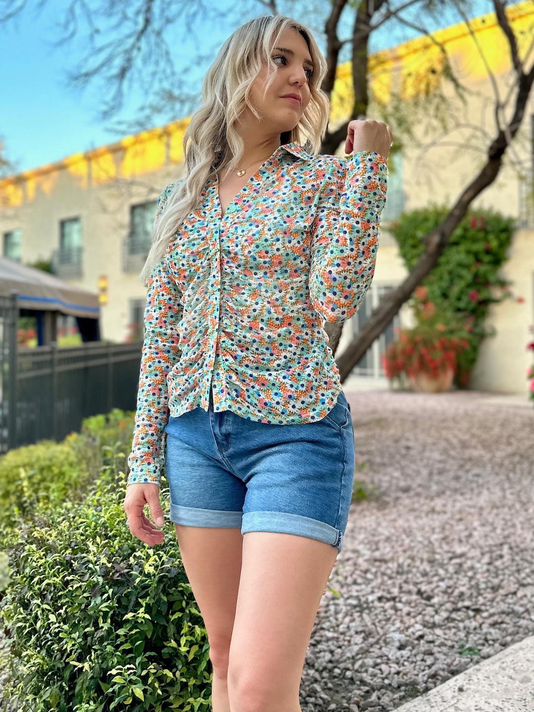 Oopsy Daisy Colorful Mesh Button Top-Women's Shirts & Tops-Shop Z & Joxa